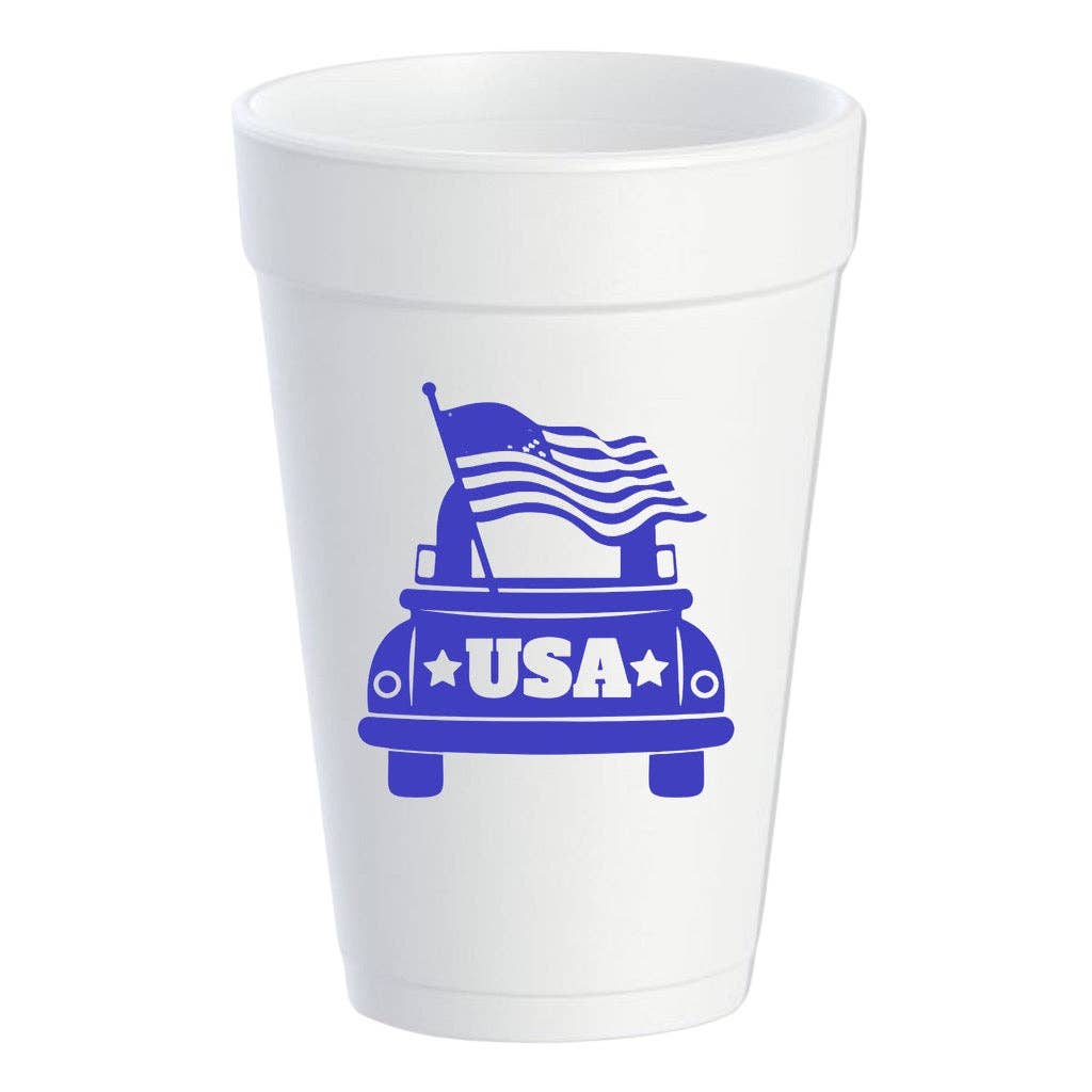Blue USA Patriotic Truck and Flag - 16oz Styrofoam Cups