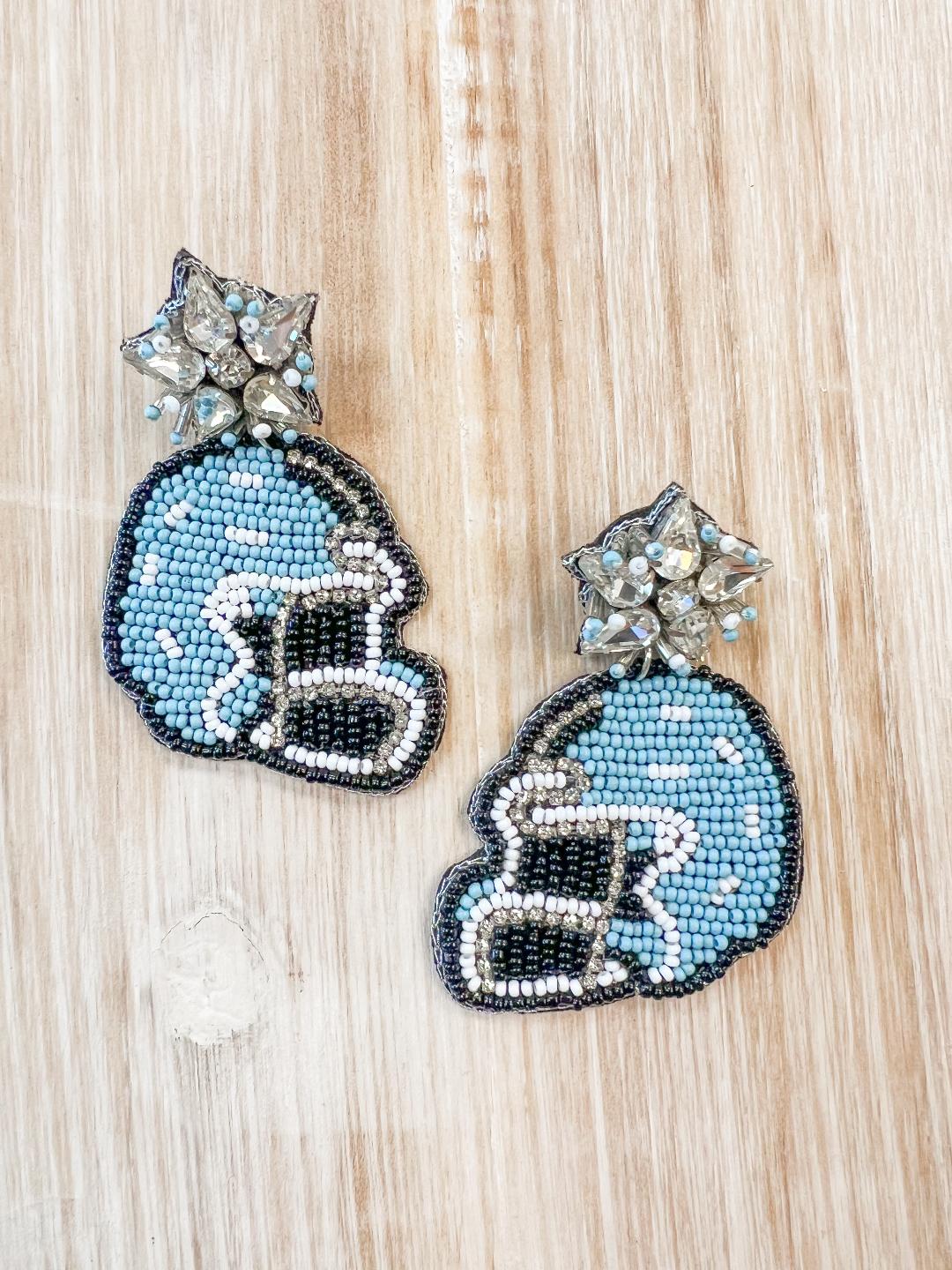 Beaded Blue Helmet Earrings