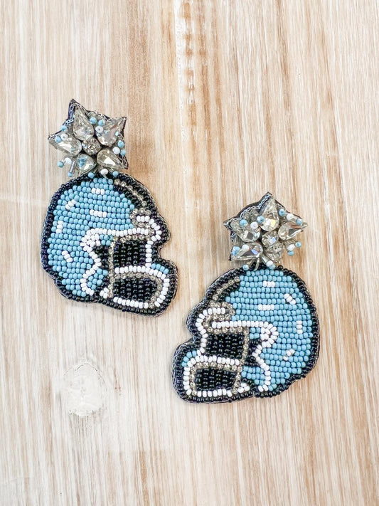 Beaded Blue Helmet Earrings